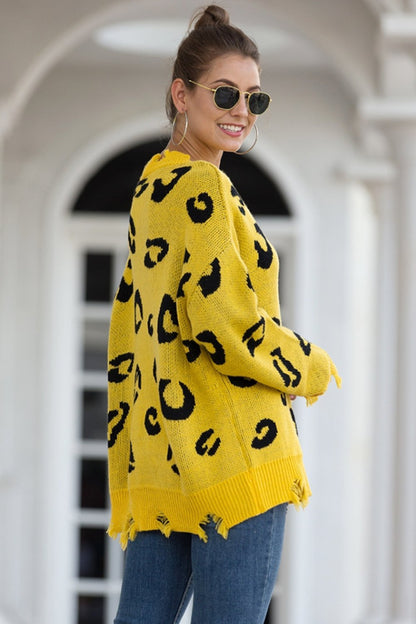 Damen-Pullover, mit V-Ausschnitt langärmeliges Acryl und Baumwolle, leopardenmustrig 3