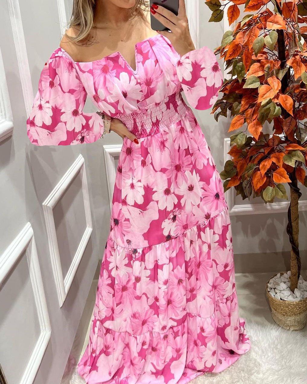 Damenkleid, Vintage, geblümte hohe Taille, Polyester, langer Rock 5
