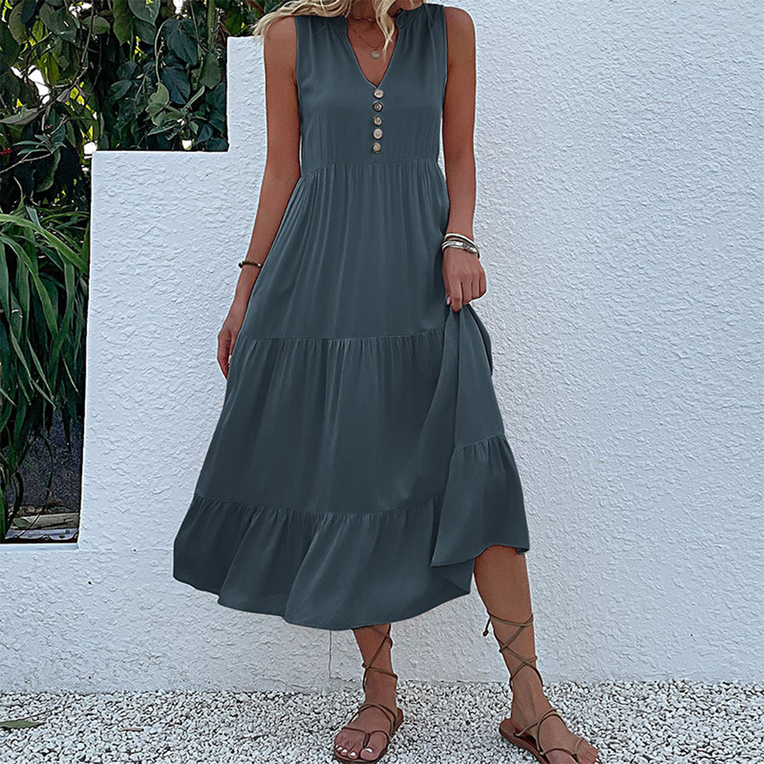 Damen-Freizeitkleid, ärmellos, hohe Taille, Baumwolle, Polyester-4