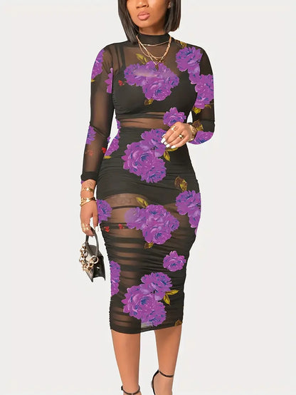 Damen-Strandkleid, geblümtes Netzmaterial, eleganter Sommerstil-4