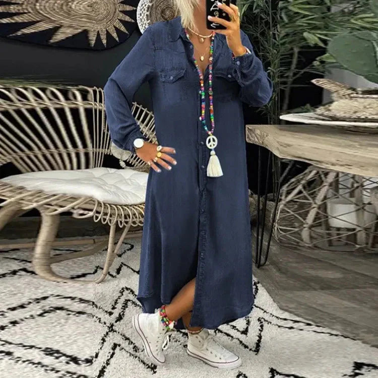 Maxikleid Damen Langarm Bohemisch Locker sitzend Noble Wolff-1