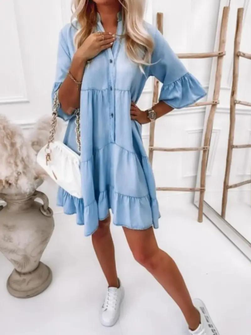 Damen-Kleid, lockere Passform, halbe Ärmel, gerüscht, Design, Wolff-1