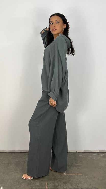 Variantenbild für schicke Musselin-Damenhosen aus 100 % Baumwolle mit Knopfleiste vorne-3