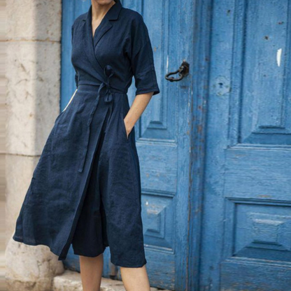 Damen-Midikleid Hemdblusenstil mit Taillengürtel 100% Baumwolle-1