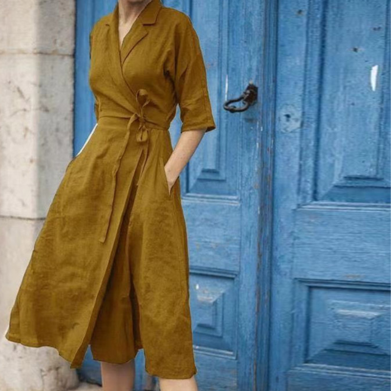 Variantenbild für Damen-Midikleid im Hemdblusen-Stil mit Taillengürtel aus 100 % Baumwolle-7