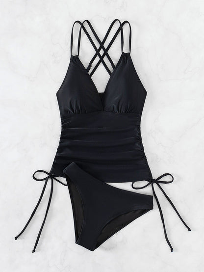 Schwarzer Tankini für Damen mit gekreuzten Trägern und V-Ausschnitt – bequeme Badebekleidung für Strand und Pool 3