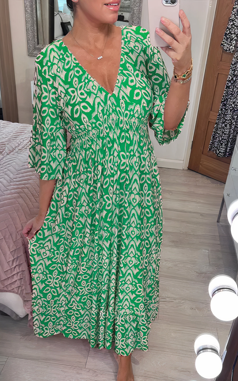 Damenkleid, V-Ausschnitt, weite Ärmel, Polyester, Schöne Damenkleider-4