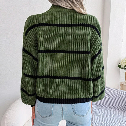 Gestreifter Damen-Rollkragenpullover aus Strick in Kamel und Marine – Weiches Acryl mit weiten Ärmeln 3