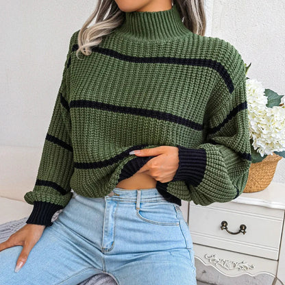 Gestreifter Damen-Rollkragenpullover aus Strick in Kamel und Marine – Weiches Acryl mit weiten Ärmeln 2