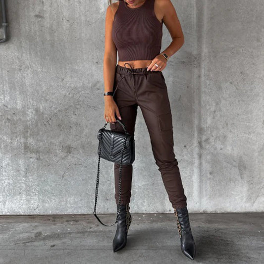 Damen-Lederhose, hohe Taille, lässiges Leder-1