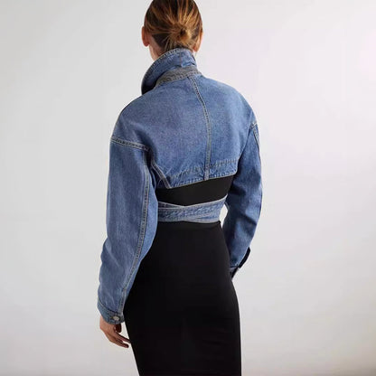 Damen-Jeansjacke Kurz Baumwoll-Denim mit elegantem Design-3