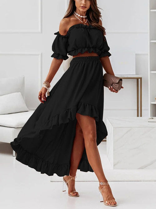 Damen-Kleid, zweiteilig, asymmetrisches Polyester, mit Rüschen-1