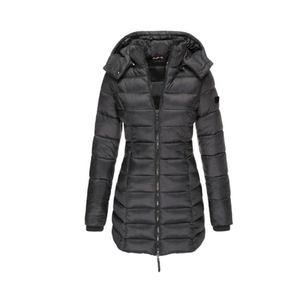 Langer Wintermantel Damen Elegant Polyester mit Abnehmbarem Kragen-1