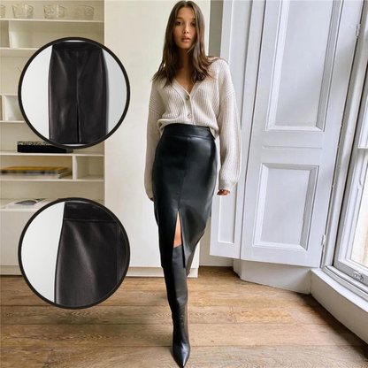 Damen-Lederrock, hohe Taille, Midirock, elegantes Design-3