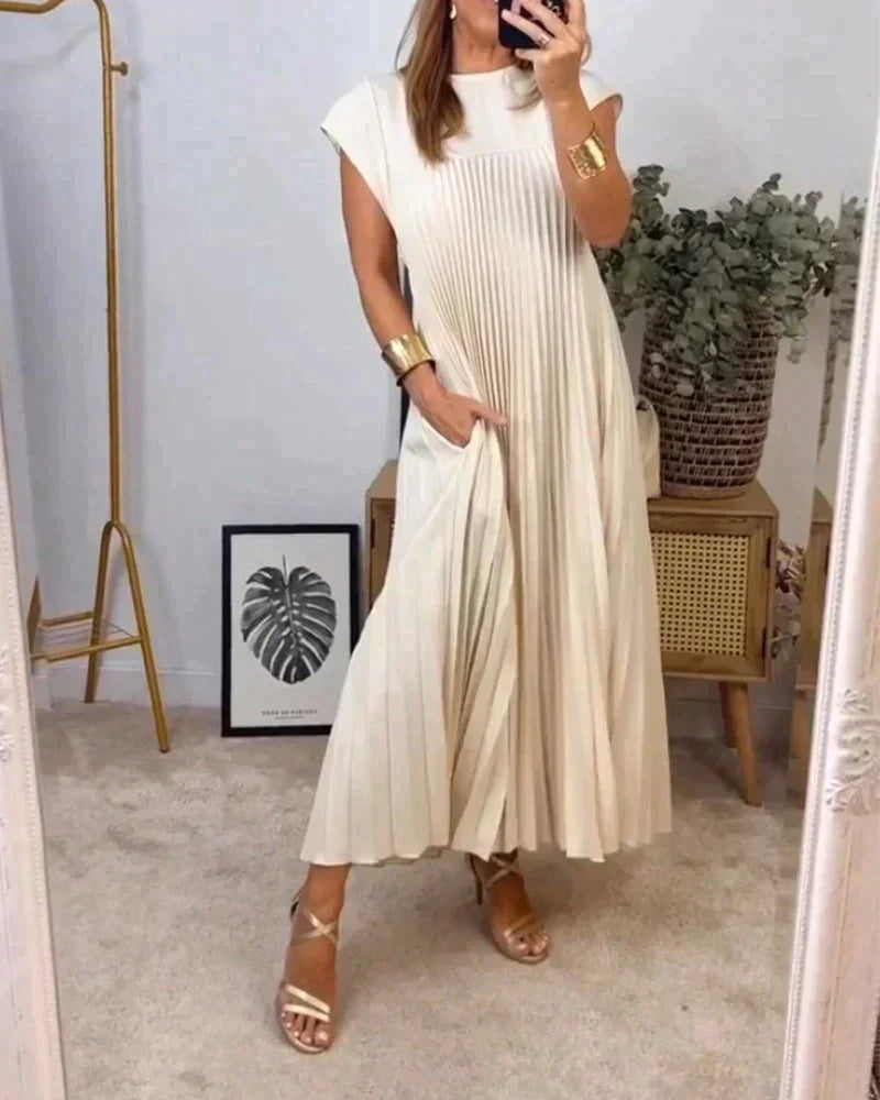 Damen-Kleid, plissiertes Design, kurze Ärmel, Polyester-2