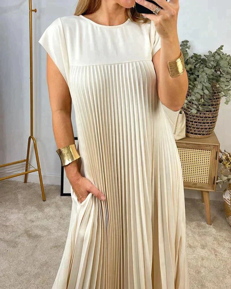 Damen-Kleid, plissiertes Design, kurze Ärmel, Polyester-5