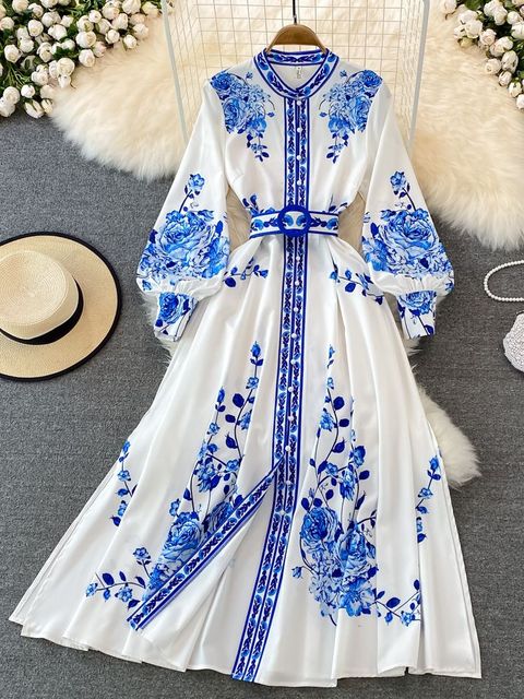 Schöne Damenkleider, Blumendruck, langen Ärmeln, Polyester-1