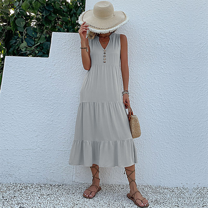 Damen-Freizeitkleid, ärmellos, hohe Taille, Baumwolle, Polyester-5