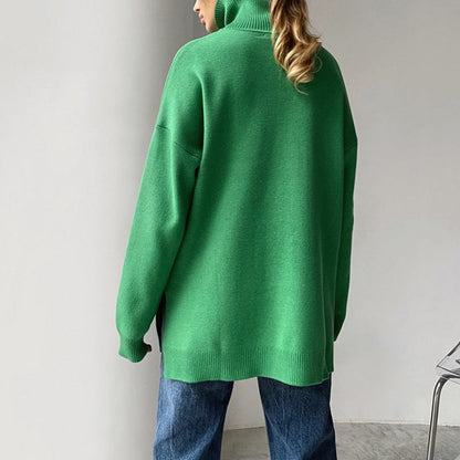 Damen-Strickpullover, hoher Kragen, Viskose-Mischung mit Seitenschlitz-3