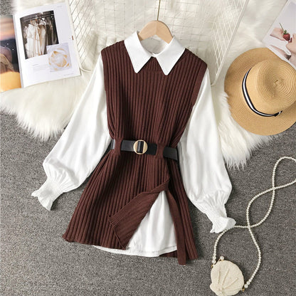 Damen-Set, zweiteilig, mit Lanternärmeln und gestrickter Weste, Polyester, Acryl-5