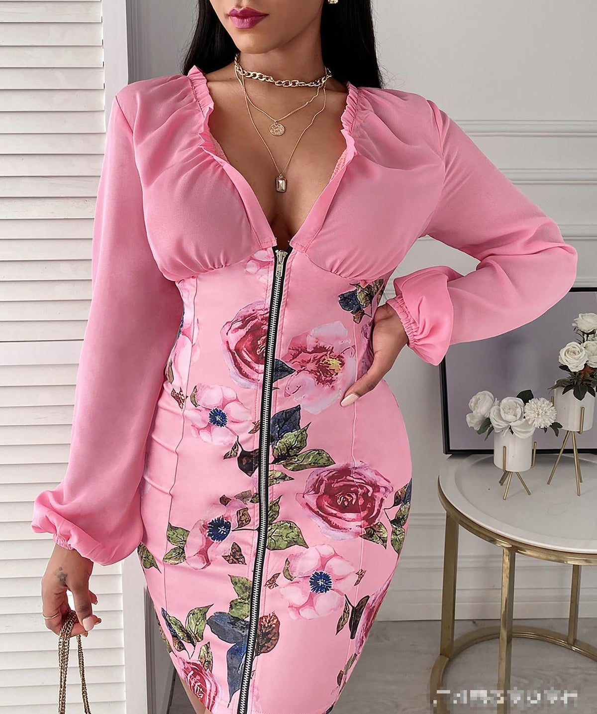 Damen-Minikleid mit V-Ausschnitt und Puffärmeln aus Polyester – elegant über dem Knie-5