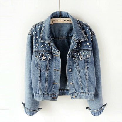 Damen-Jeansjacke, mit Perldekoration, lässiger Denim 1