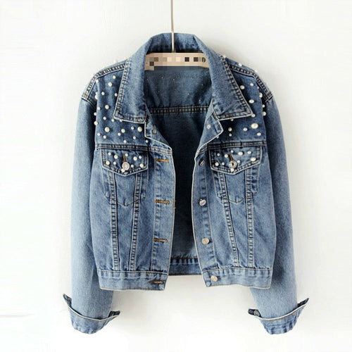 Damen-Jeansjacke, mit Perldekoration, lässiger Denim 1