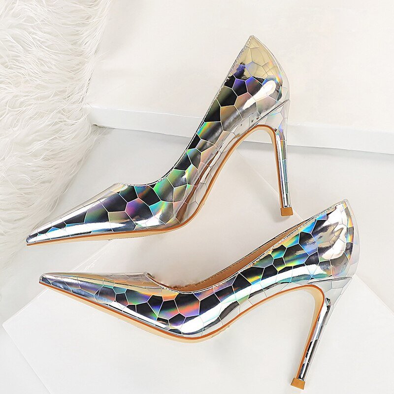 Damen-Pumps, geometrisches Design, Lackleder, hoher Absatz-5