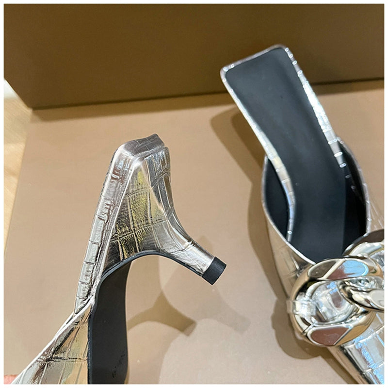 Damen-Sandalen, spitze Zehe, PU-Leder mit Kettendetail-3