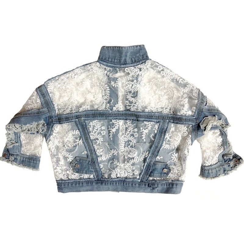 Damen-Jeansjacke, mit Spitzendetails und klassisches Design-6