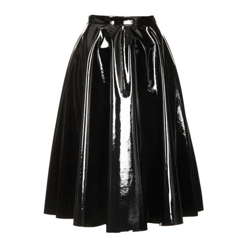Midi-Rock für Damen mit plissiertem Design und Empire-Bund – monochromes PU-Kunstleder 4