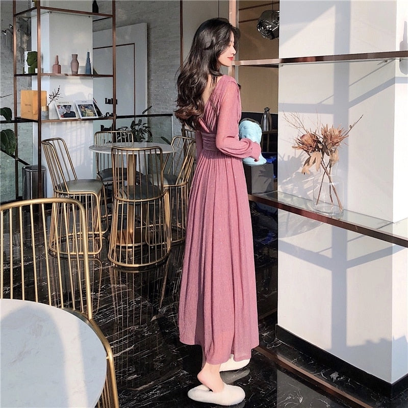 Damenkleid A-Linie V-Ausschnitt Laternenärmel Polyester Midi-3