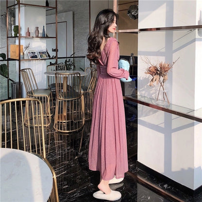 Damenkleid A-Linie V-Ausschnitt Laternenärmel Polyester Midi-3