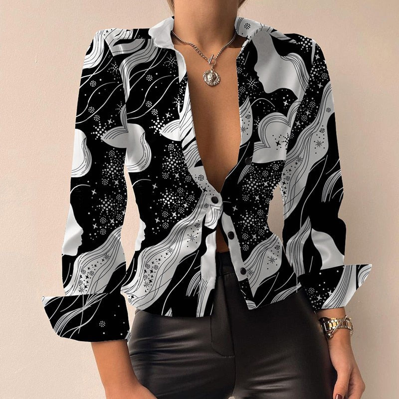 Damen-Langarm-Bluse, V-Ausschnitt, PU, Lederdruck, Baumwolle, Polyester-3