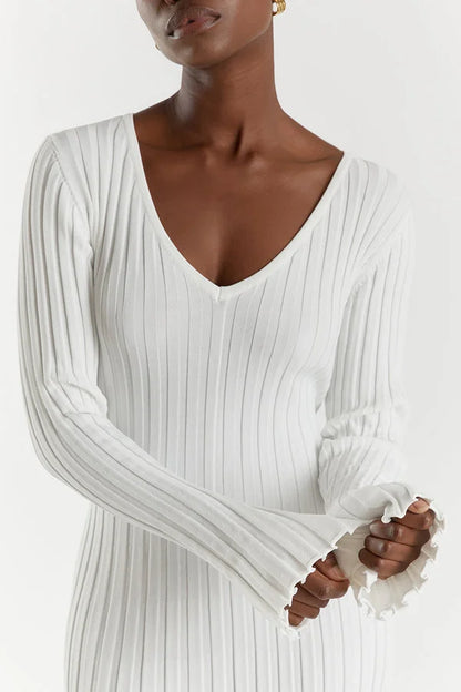 Damen-Midikleid, V-Ausschnitt, gerippt, Polyester, Elasthan-6