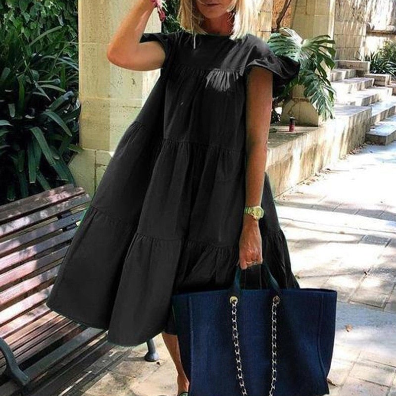 Damen-Midikleid mit ausgestelltem Rock und kurzen Ärmeln aus Polyester – eleganter und zeitloser Stil für alle Anlässe 1