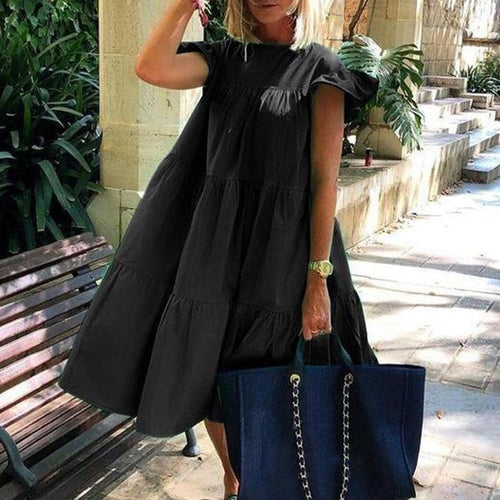 Damen-Midikleid mit ausgestelltem Rock und kurzen Ärmeln aus Polyester – eleganter und zeitloser Stil für alle Anlässe 1