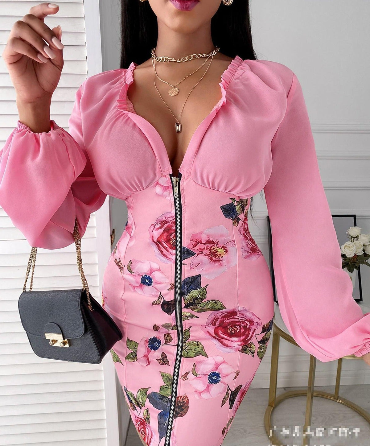 Damen-Minikleid mit V-Ausschnitt und Puffärmeln aus Polyester – elegant über dem Knie-1