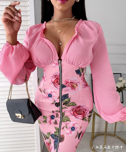 Damen-Minikleid mit V-Ausschnitt und Puffärmeln aus Polyester – elegant über dem Knie-1