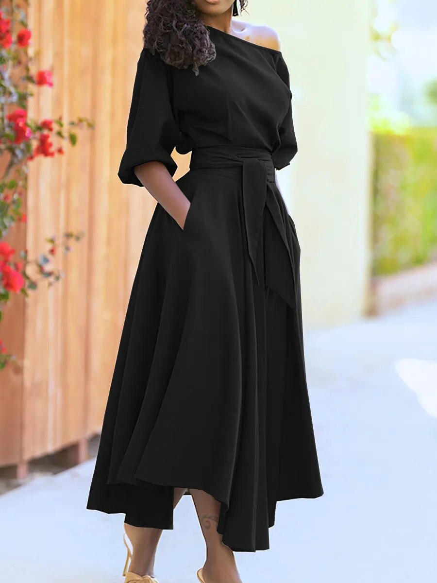 Schöne Damenkleider, schulterfrei, mit Schnürung und Lampionärmel, aus Polyester 2