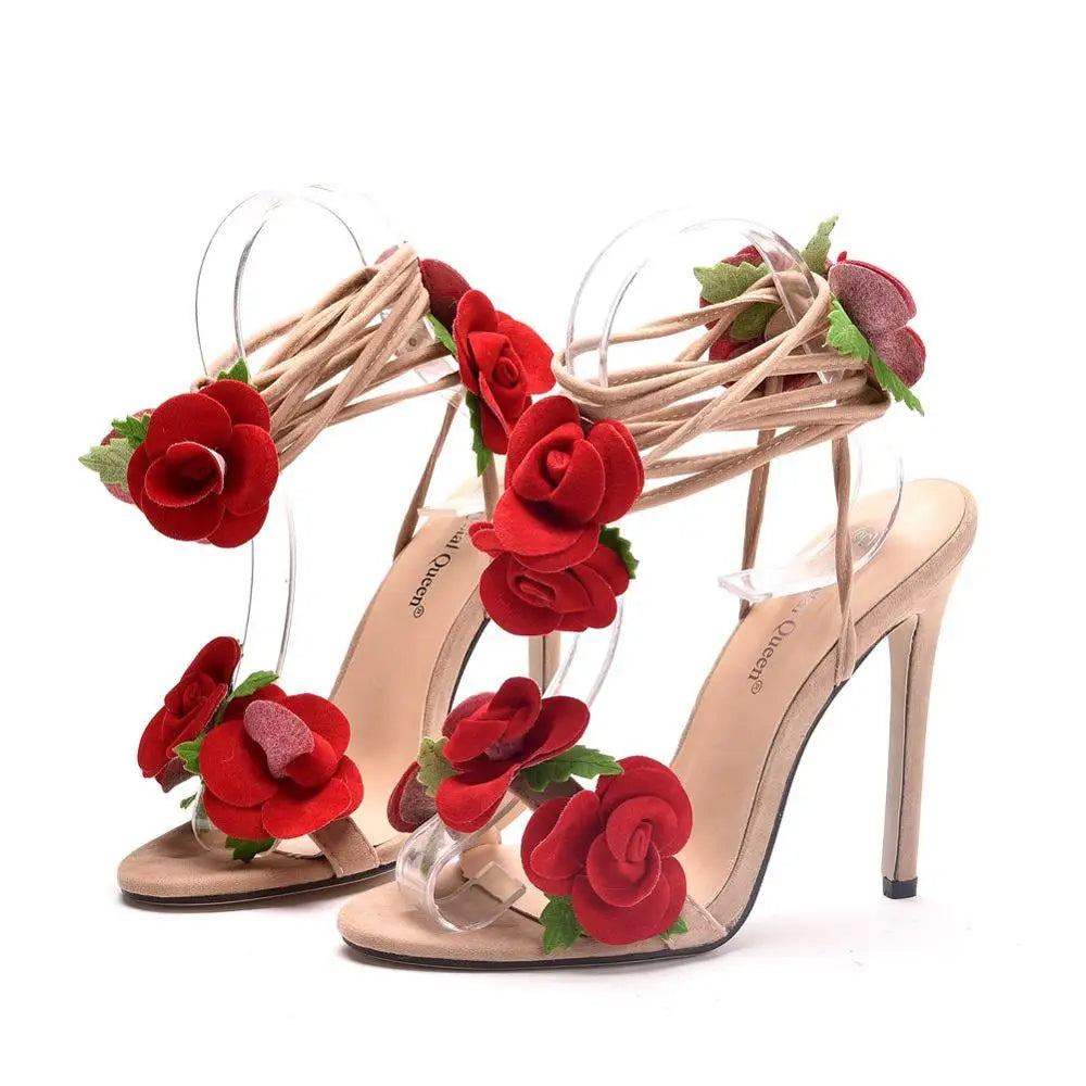 Damen-Sandalen, geblümtes Design, Flock, hoher Absatz-5