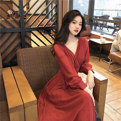 Damenkleid A-Linie V-Ausschnitt Laternenärmel Polyester Midi-6