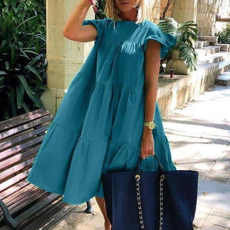 Damen-Midikleid mit ausgestelltem Rock und kurzen Ärmeln aus Polyester – eleganter und zeitloser Stil für alle Anlässe 2