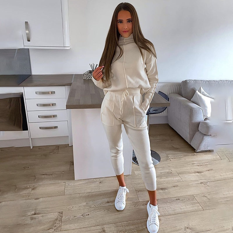 Damen-Pullover, lang, Stehkragen, weicher Stoff, Hose-1