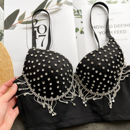 Damen-Party-Top, Spaghettiträger, Polyester, mit Strass und Quasten-4