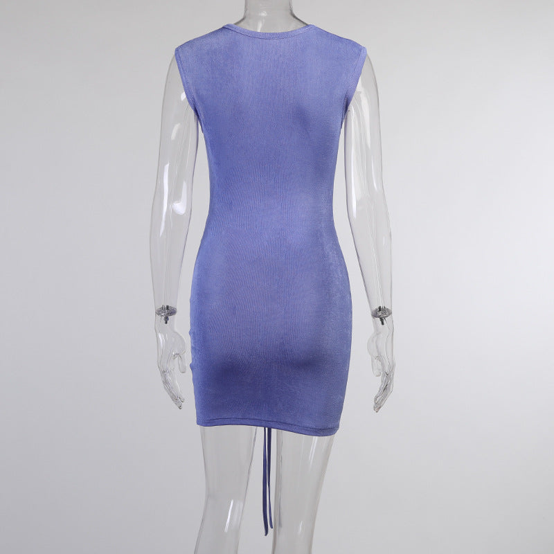 Damen-Minikleid, V-Ausschnitt, Spaghettiträger, Riemen, Polyester, Über, dem Knie-5