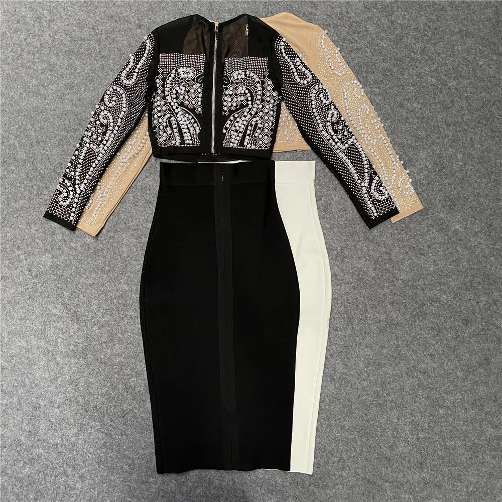 Damenkleid Monochrom Polyester Lang mit Perlenkragen-6