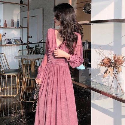 Variant image for Damenkleid A-Linie V-Ausschnitt Laternenärmel Polyester Midi-2