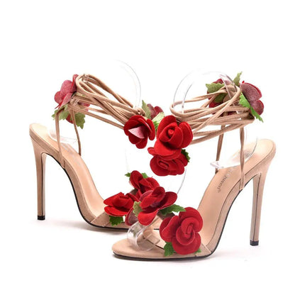 Damen-Sandalen, geblümtes Design, Flock, hoher Absatz-6