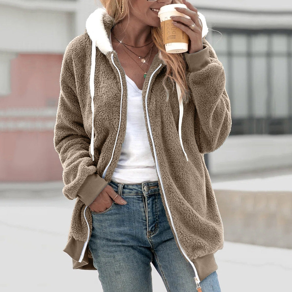 Damen-Fleecejacke, Oversized, Sherpa, mit Kapuze-2